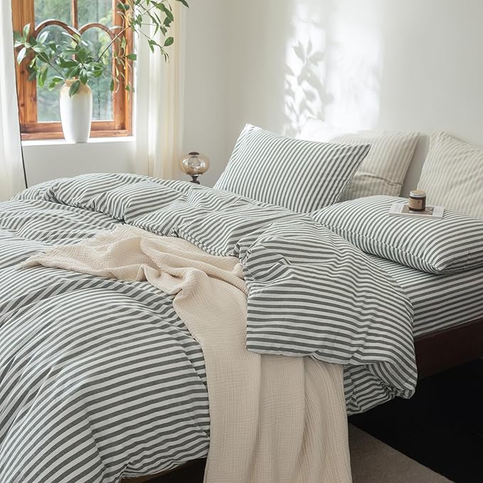 FOSSA Striped Duvet Cover Set 100% Washed Cotton Linen Feel Super Soft Breathable Cozy 3 Pieces Bedding Sets Heathered Green Classic Stripes Queen