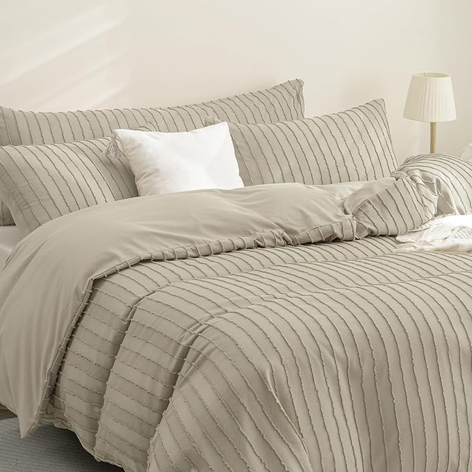 JELLYMONI Duvet Cover Twin Size Khaki - 3PCS Boho Striped Duvet Cover Set Polyester Tufted Bohemian Textured Comforter Cover 68×90in with Corner Ties & Zipper and 2 Pillowcases