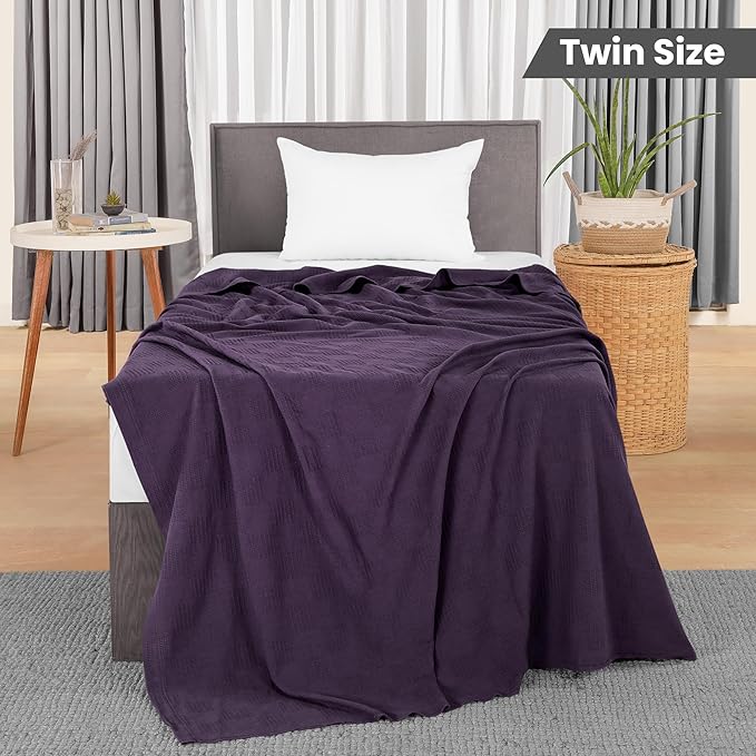 Utopia Bedding Plum 100% Cotton Blanket [Twin Size - 90x72 Inch] 350GSM Lightweight, Soft and Breathable Thermal Blanket for All Seasons