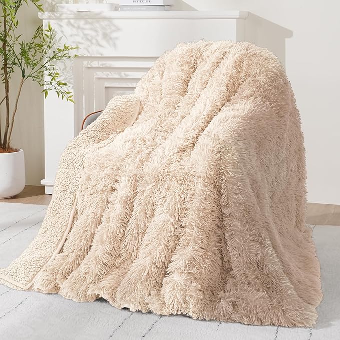 Wemore Shaggy Long Fur Faux Fur Weighted Blanket, Cozy and Plush Sherpa Long Hair Blanket for Adult 15lbs, Fluffy Fuzzy Sherpa Reverse Heavy Blanket for Bed, Couch, Khaki, 48 x 72 Inches