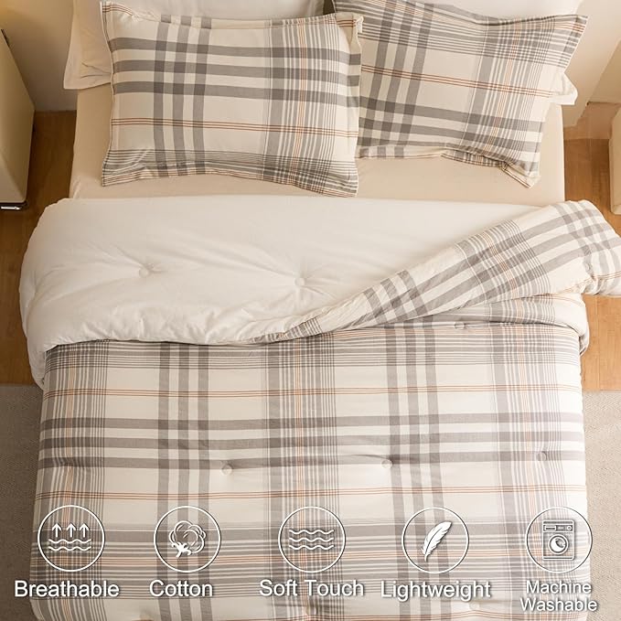 100% Cotton Comforter Set Full Size – Reversible Yarn-Dyed Checkered Design, Soft Washed Cotton on Both Sides, Lightweight All-Season Bedding, Machine Washable(Grey White Plaid, 80”x90”)