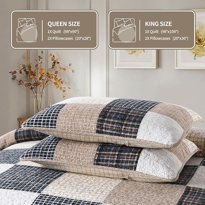 KALOOLA Patchwork Queen Quilt, 100% Cotton Lightweight Bedspreads Queen Size 3 Pieces, Tan Brown Beige Queen Quilt Bedding Set, Farmhouse Rustic Coverlet for All Season