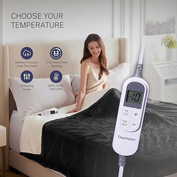 Electric Blanket Full 72"x84" Heated Electric Blankets 10 Heating Levels 12 Time Settings 8 Hours Auto Off Fast Heating and Overheat Protection ETL Certified Machine Washable,Black