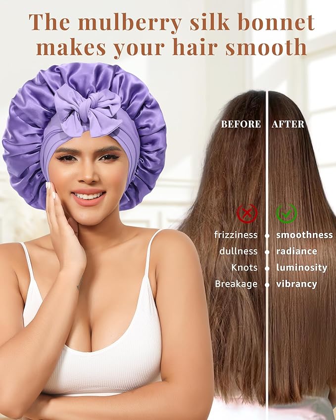 AWAYTR Silk Bonnet for Sleeping Women 100% Mulberry Silk Bonnet with Band 2 Layer Reversible Hair Bonnet Sleeping Hair Wrap (Purple/Violet)