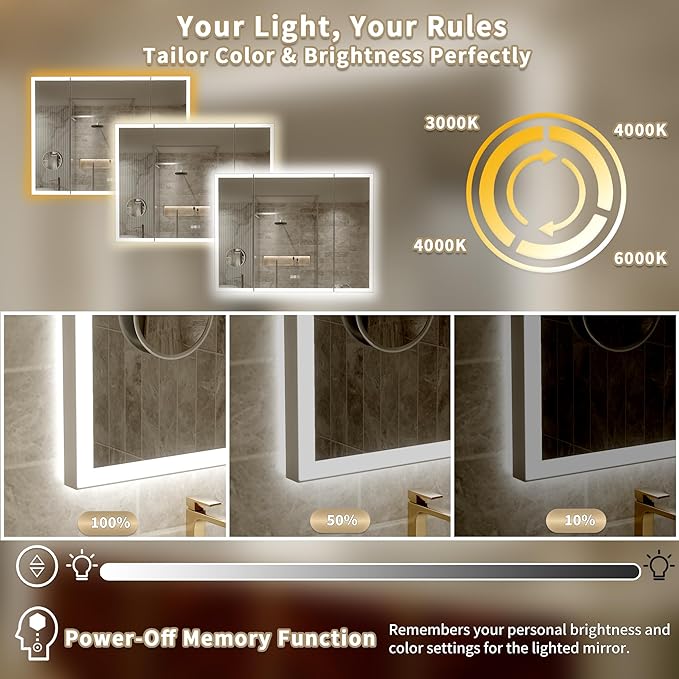 48x36 Trifold Bathroom Mirror with Lights with Removable Magnifier, 180° Foldable LED Mirror for Bathroom, Front&Backlit, Wall Mounted, Stepless Dimming, Color Temper Change, Anti Fog
