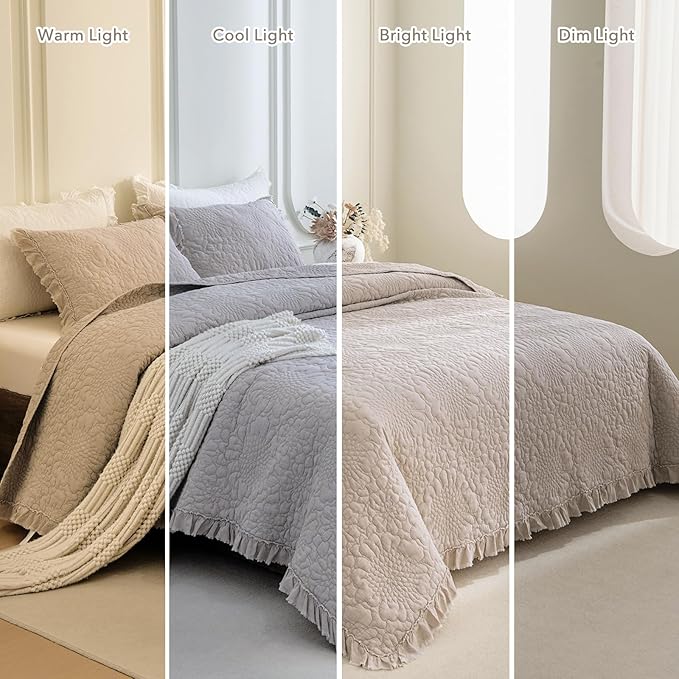 QSH 3PCs Linen Feel Oversized King Quilt Bedspread Set(120"x120"),Stonewashed Cotton Ruffled Quilt California King,Ultra Soft Lightweight Crinkle Shabby Bedspread Coverlet Bedding Set for All Seasons
