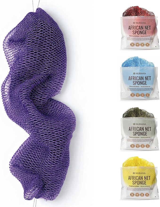 Nubiana African Net Sponge Authentic - 45 Inch Exfoliating Body Sponge from Nigeria - Natural Bath Sponge for Smooth Soft Skin - Long Lasting Quick-Drying - Single Pack (Purple)