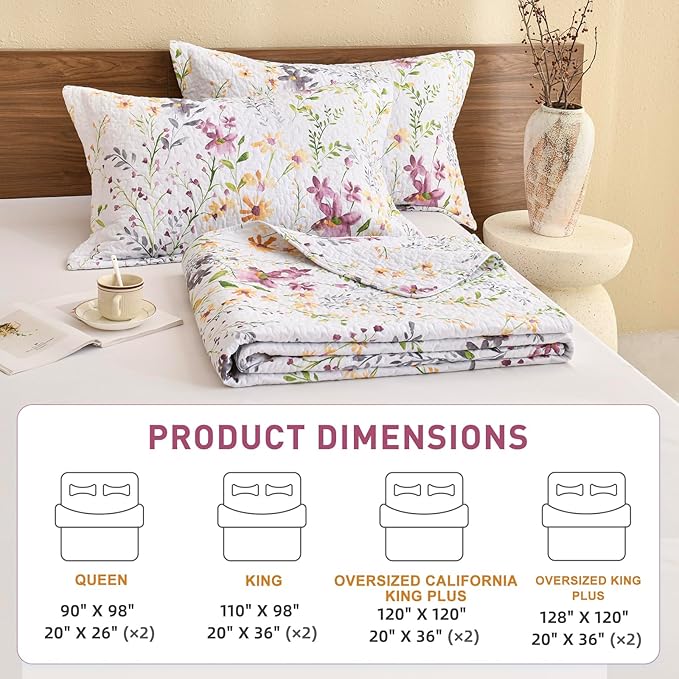 Lady Ann Wild Floral Printed Bed King Quilt Set 100% Cotton Yellow Flower Botanical Pattern Bedding, Vintage Lightweight Coverlet Ultra Soft Bedspread Set with Pillow Shams for All Season, 3 PCS