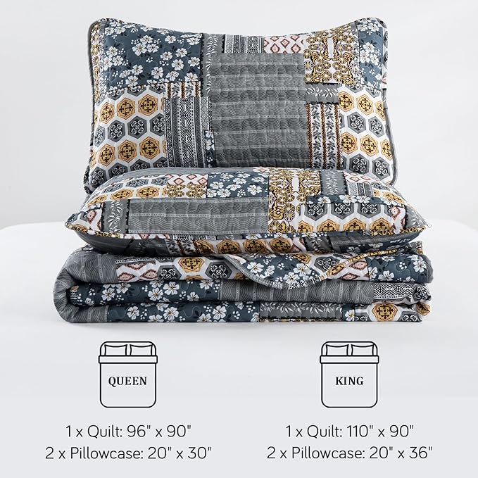 Mybedsoul Dark Grey Quilt Set Queen Size, 3 Pieces Plaid Floral Bedspread Set Patchwork Reversible Bedding Set Microfiber Lightweight Bedspread Coverlet Set for All Season 96"x90"