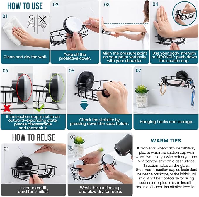 TAILI Soap Bar Holder Dish with Hooks, Shower Soap Tray Saver Suction Cup with Razor Holder for Wall, Rustproof Stainless Steel Bath Shampoo Caddy for Bathroom Accessories Organizer,Sink,Black