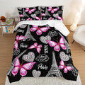 Pink Butterfly Comforter Queen Bedding Sets for Girls, Eiffel Tower Leopard Heart Pattern Bedding Sets with 2 Pillowcases,Aesthetic Bedding for Women Girls Bedroom Paris Decor.