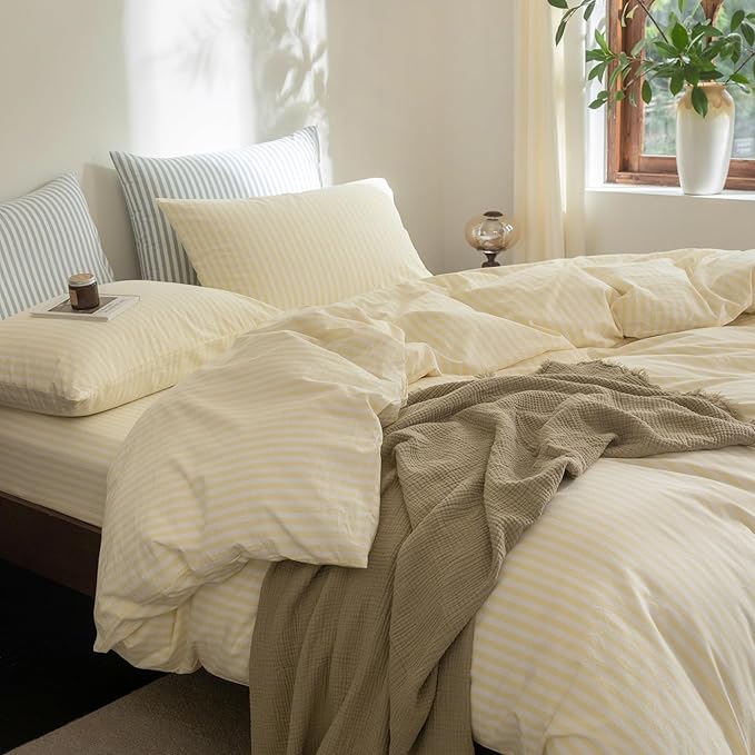 FOSSA Striped Duvet Cover Set 100% Washed Cotton Linen Feel Super Soft Breathable Cozy 3 Pieces Bedding Sets Pastel Yellow Classic Stripes King