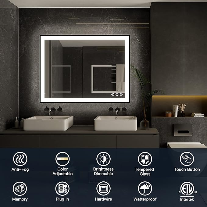 ISKM Framed LED Mirror for Bathroom 36"x24", Dimmable LED Bathroom Mirror with Lights, Anti-Fog, Front and Backlit Lighted Mirror 3-Colors, Shatterproof, Memory Function