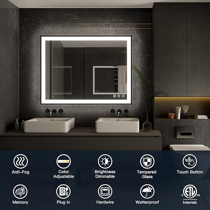 ISKM Framed LED Mirror for Bathroom 60"x28", Dimmable LED Bathroom Mirror with Lights, Anti-Fog, Front and Backlit Lighted Mirror 3-Colors, Shatterproof, Memory Function