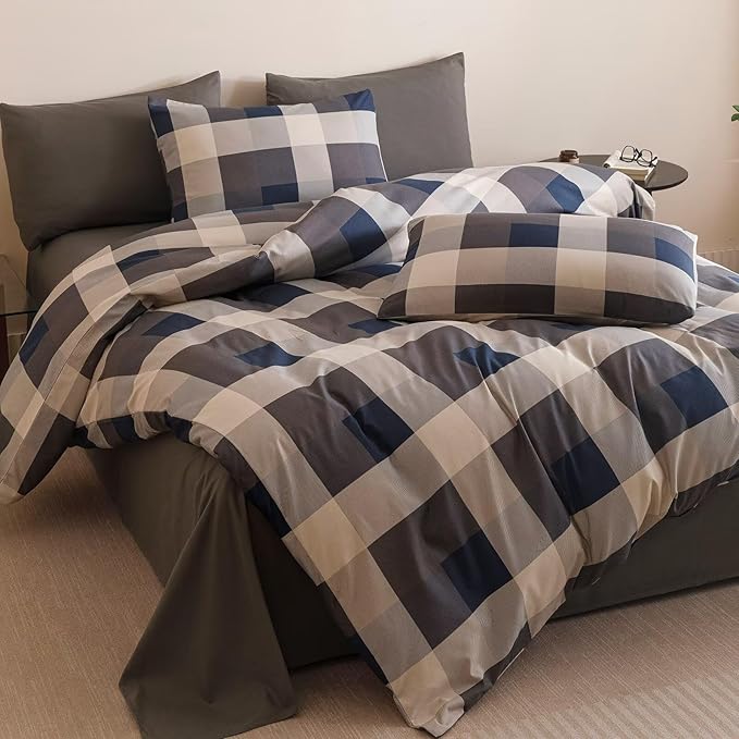 Cottonight Checkered Blue Comforter Set Full Gingham Grid Bedding Set Navy and Khaki Grid Comforter Fluffy Soft Bedding Set Kids Teens Full Comforter with 2 Pillowcases