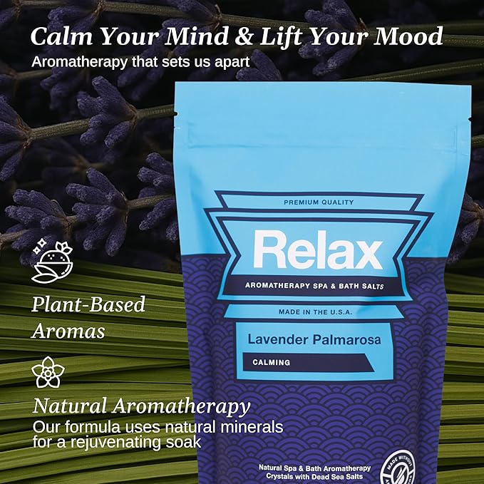 Relax Spa & Bath, Epsom & Dead Sea Salts, Aromatherapy Bath Salts for Hot Tub, Bath, or Spa, Infused with Magnesium, Lavender Palmarosa Scent