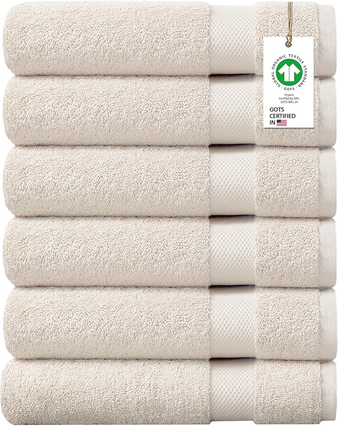 Delara 100% Organic Cotton Towels 650 GSM Plush Feather Touch Quick Dry Bath Towel, Pack of 6 GOTS Certified, Oeko-Tex Green Certified, Organic Cotton Bath Towel, 30"X58"