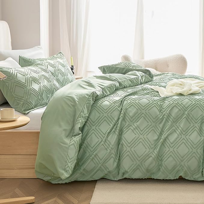 JELLYMONI Duvet Cover Full Size Light Green - 3PCS Boho Duvet Cover Set Plaid Polyester Tufted Bohemian Jacquard Knit Textured Comforter Cover 80×90in Rhombic Geometric Pattern Corner Ties & Zipper