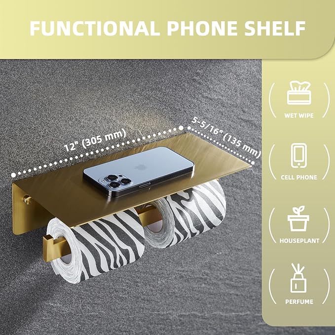 Angle Simple Toilet Paper Holder with Shelf Brushed Gold, 304 Stainless Steel Double Toilet Tissue Holder for Wall