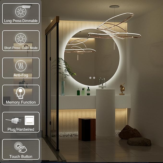 32 Inch Round LED Bathroom Mirror with Light, 3 Color Temperatures (3000K/4500K/6000K), Anti-Fog, Dimmable Backlit, Frameless Round Vanity Mirror with Lights