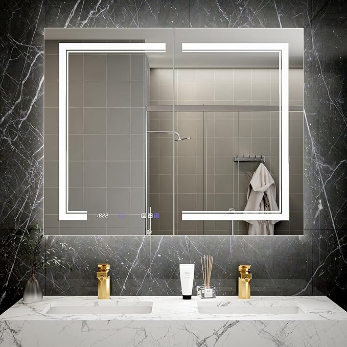 40"x32"Lighted Medicine Cabinet with Mirror，Recessed or Surface Mount LED Medicine Cabinet, Front&Backlit, Clock Temp Display, Anti-Fog, Stepless Dimming, 3-Color Temperatures, Adjustable Shelves