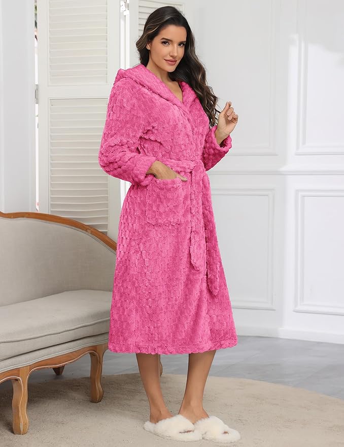 Ekouaer Womens Plush Robes Long Soft Jacquard Fluffy Bathrobe Hooded Robe Sleepwear with Pockets