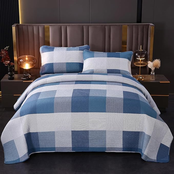 vctops Cotton Quilted Patchwork Quilt Set Queen Size Farmhouse Blue Plaid Bedspreads Coverlet 3 Pieces Summer Lightweight 1 Quilt and 2 Pillow Shams for All Season (Plaid A,Queen)