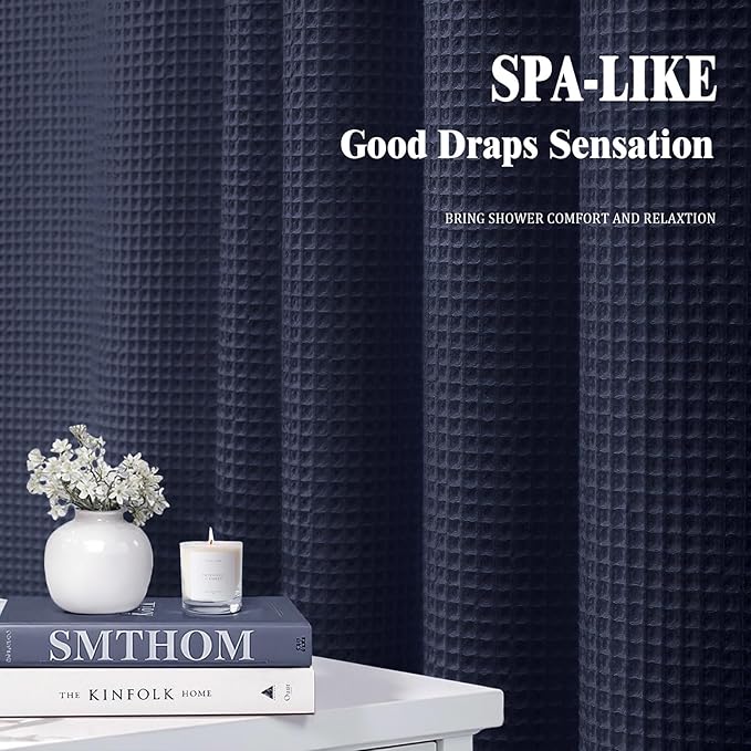 Long Waffle Shower Curtain - Navy Blue Cotton Texture Fabric Heavyweight Shower Curtain for Bathroom,72Wx78L