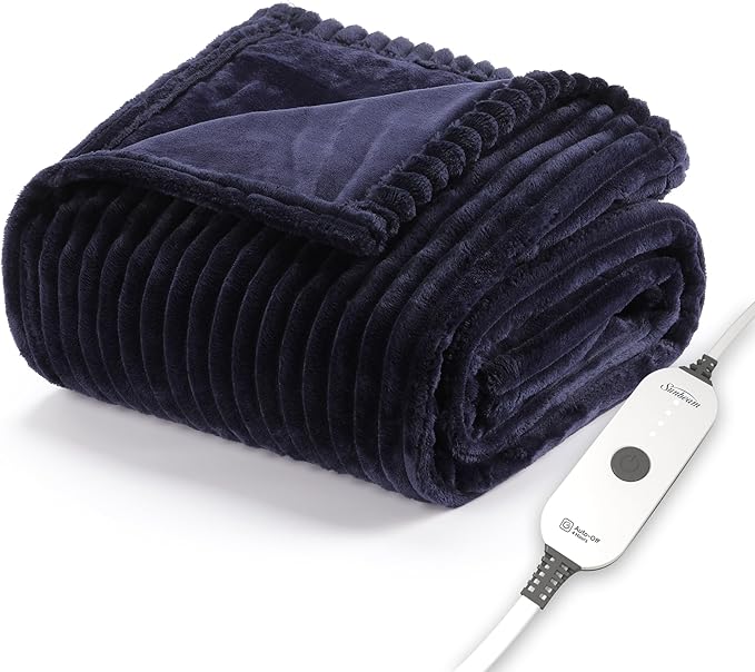 Sunbeam Royal Posh Velvet Heated Throw Electric Blanket, 50" x 60", 4 Heat Settings, 4-Hour Auto Shut-Off, Warming Throw for Couch, Fast Heating, Machine Washable, Warm and Cozy, Ribbed Admiral Blue