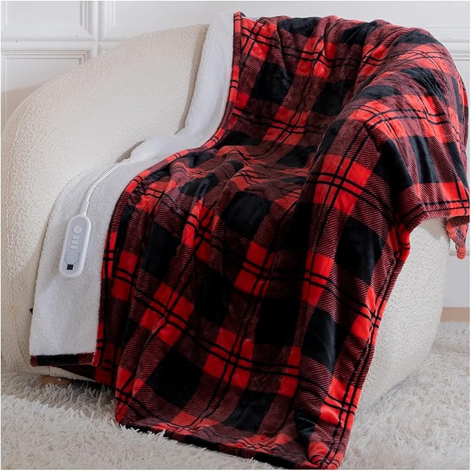 Heated Blanket Electric Throw, Heating Throw with 8 Fast Heating Levels/8 Hours Auto Off, Red Black Plaid Checkered Sherpa Blanket Warmer for Adults, Washable Blanket Gift for Couch Bed (50x60 inches)