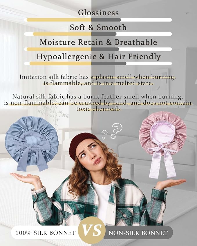 100% Mulberry Silk Bonnet for Sleeping Women Double Layer Silk Hair Bonnet Natural Silk Sleep Cap with Elastic Reversible Hair Wrap (Haze Blue + Sky Blue)