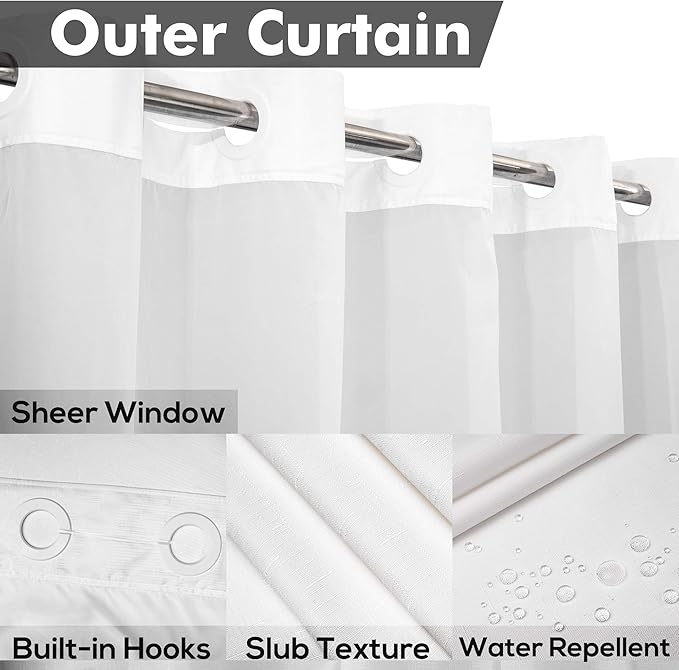 River Dream Long No Hook Slub Textured Shower Curtain with Snap-in PEVA Liner Set - 71" x 80"(78"), Hotel Style with See Through Top Window, Fabric Curtain & Waterproof Liner, White, 71x80
