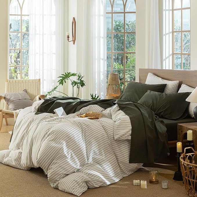 MooMee Bedding Sheet Set 100% Washed Cotton Linen Like Textured Breathable Durable Soft Comfy (Solid Olive Green, Twin)