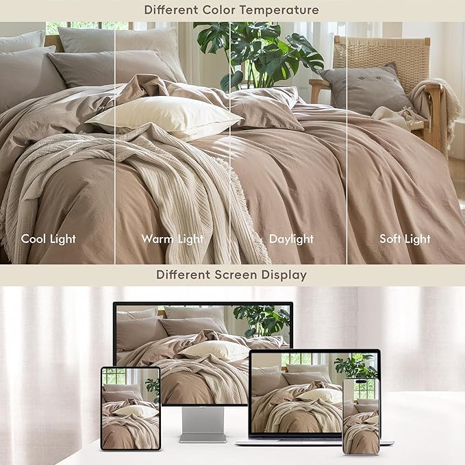 MooMee Bedding Duvet Cover Set 100% Washed Cotton Linen Like Textured Breathable Durable Soft Comfy (Solid Brown, Twin 68"x90")