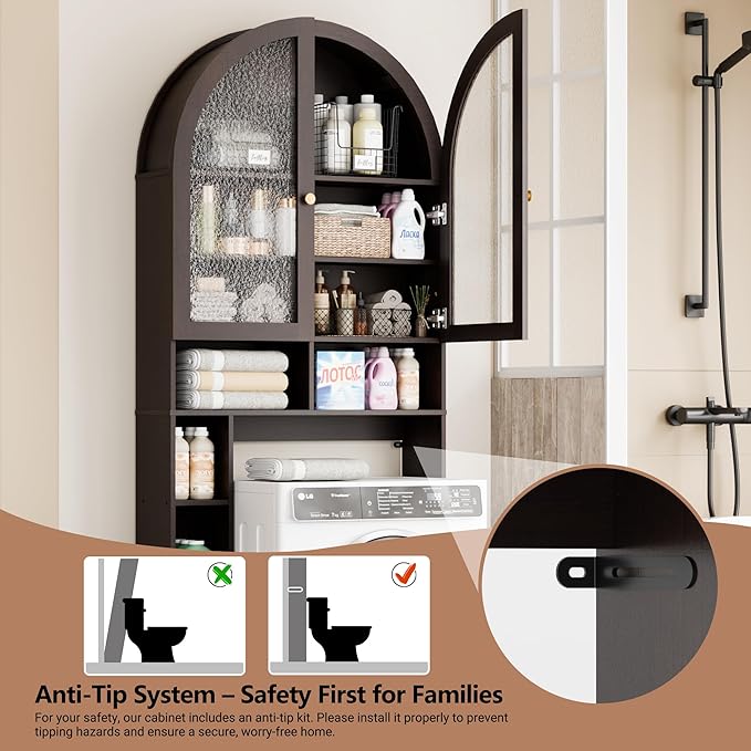 Over The Toilet Storage Cabinet, 29.7”W Modern Storage Cabinet Over Toilet with Acrylic Doors, Arched Freestanding Over Toilet Rack with Adjustable Shelf for Bathroom, Espresso