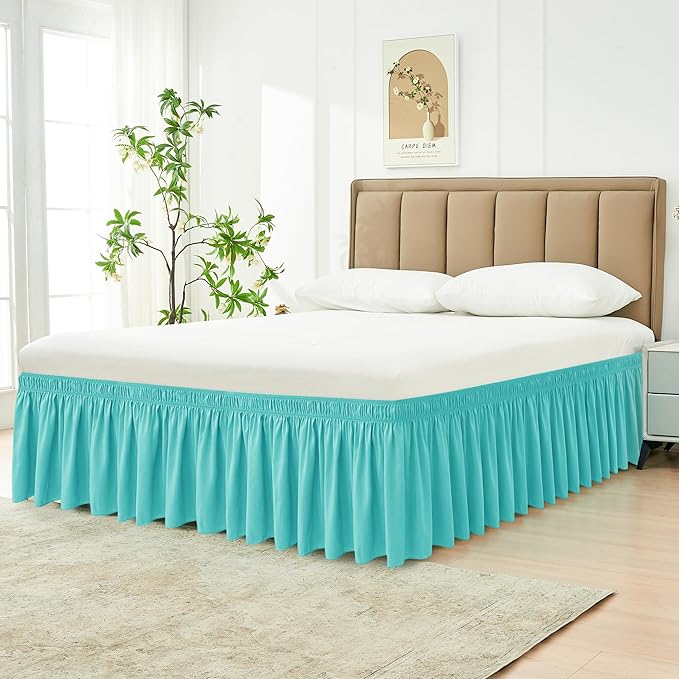 Biscaynebay Wrap Around Bed Skirts for King & Cal King Beds 18" Drop, Aqua Adjustable Elastic Dust Ruffles Easy Fit Wrinkle Resistant Silky Luxurious Fabric Machine Washable