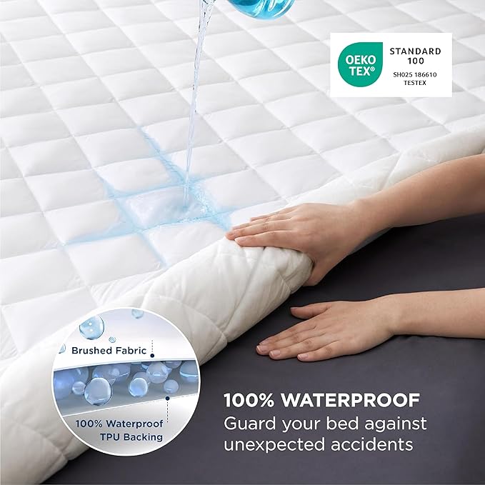 Bedsure Queen Mattress Protector, Quilted Waterproof Mattress Protector with Deep Pocket up to 22 Inches, Soft Breathable Noiseless Bed Pad Topper, Queen Bed Cover for Home, Bedroom, Hotel – White