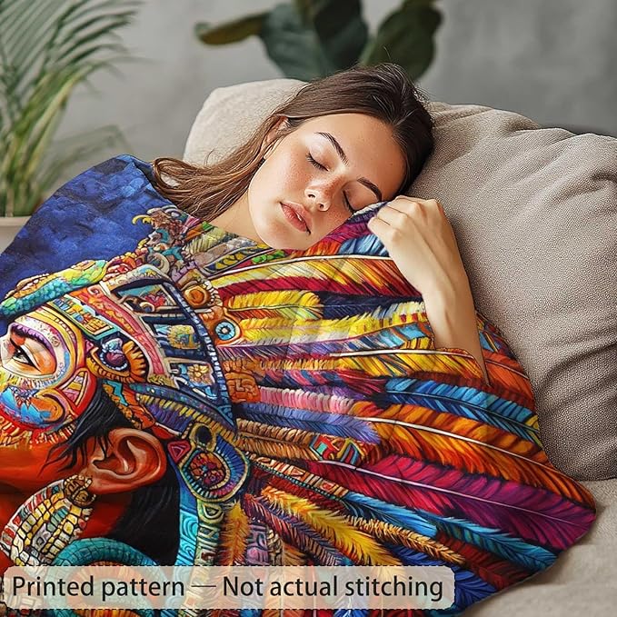Tribal Throw Blanket with Aztec Warrior for Couch & Bed | Native Style Cozy Soft Fleece Blanket for Living Room, Bedroom & Boho Home Decor | Gift for Men & Women | 40x50 Inches