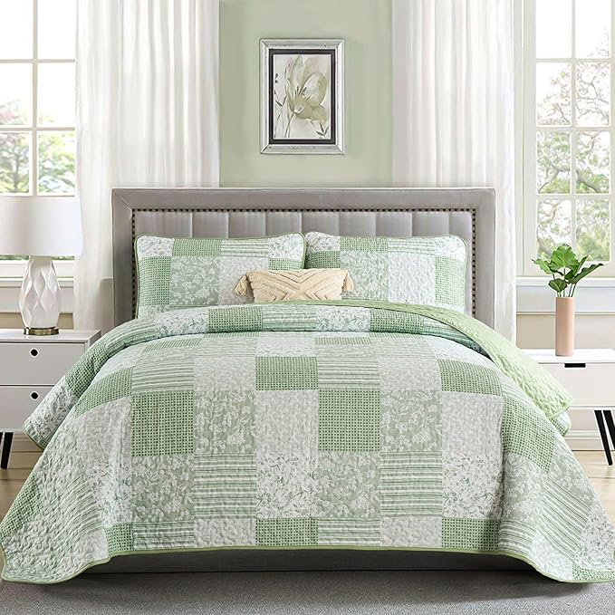 Mybedsoul Light Green Quilt Set Queen Size, 3 Pieces Plaid Floral Bedspread Set Patchwork Reversible Bedding Set Microfiber Lightweight Bedspread Coverlet Set for All Season 96"x90"
