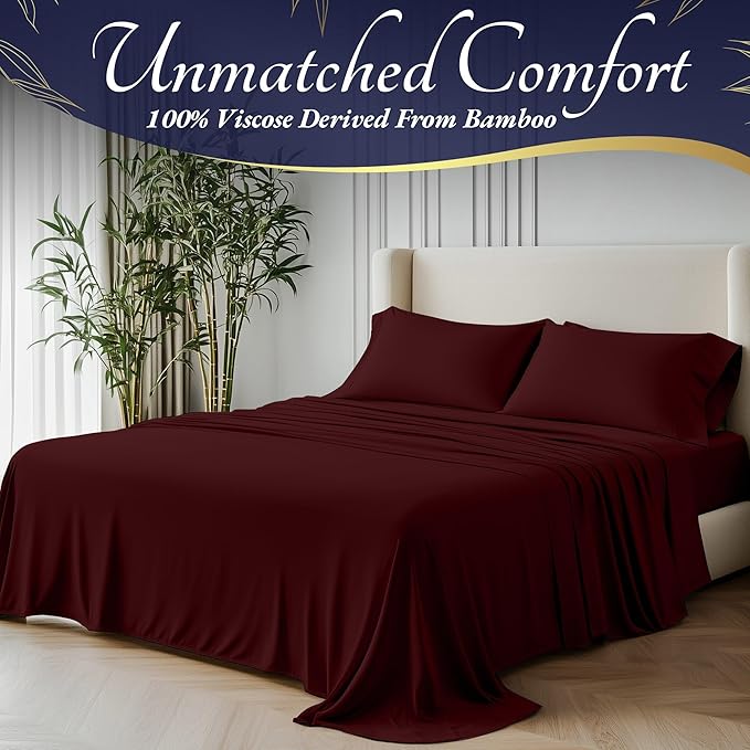 DECOLURE 100% Viscose Derived from Bamboo Sheets King Size 4pcs - Ultra Soft & Luxuriously Cooling, 17" Deep Pocket, Double Stitching, Perfect for Hot Sleepers - King Bed Sheets (Burgundy)