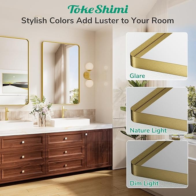 TokeShimi 48x30 Wall Mirror for Bathroom,Brushed Gold Bathroom Vanity Mirror Modern,Tempered Glass,Large Bathroom Mirror Rectangle,Metal Framed Bathroom Mirror(Horizontal/Vertical)