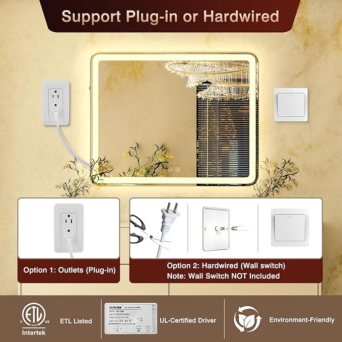 20"x28" LED Bathroom Mirror with Front and Backlight, Lighted Bathroom Vanity Mirror with Stepless Dimmable, 3 Color, Anti-Fog, Smart Bathroom Mirror with LED Lights