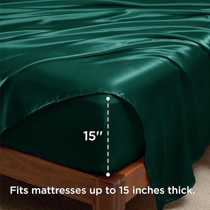 Bedsure Satin Sheets Full Size - 4 Piece Silky Bedsheets with 15 Inches Deep Pocket Fitted Bedsheet,1 Flat Sheet, 2 Satin Pillowcases, Good for Hair & Skin (Full, Dark Green)
