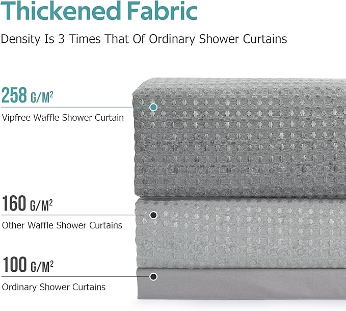 3 in 1 Shower Curtain Set, Waffle Shower Curtain and Liner Set with 6 Double Sided Shower Curtain Hooks, 258GSM Luxury Weighted Cloth Shower Curtains for Bathroom, 36 W x 72 H, Grey