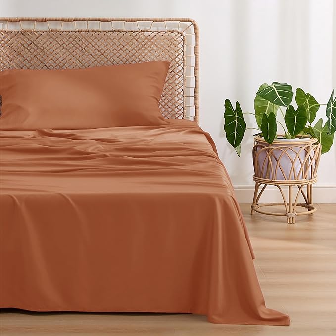 Bedsure Cooling Sheets Twin XL, Rayon Derived from Bamboo, Breathable & Soft Twin XL Sheet Sets, Deep Pocket Up to 16 Inches, Hotel Luxury Silky Dorm Bedding for Hot Sleepers, Burnt Orange
