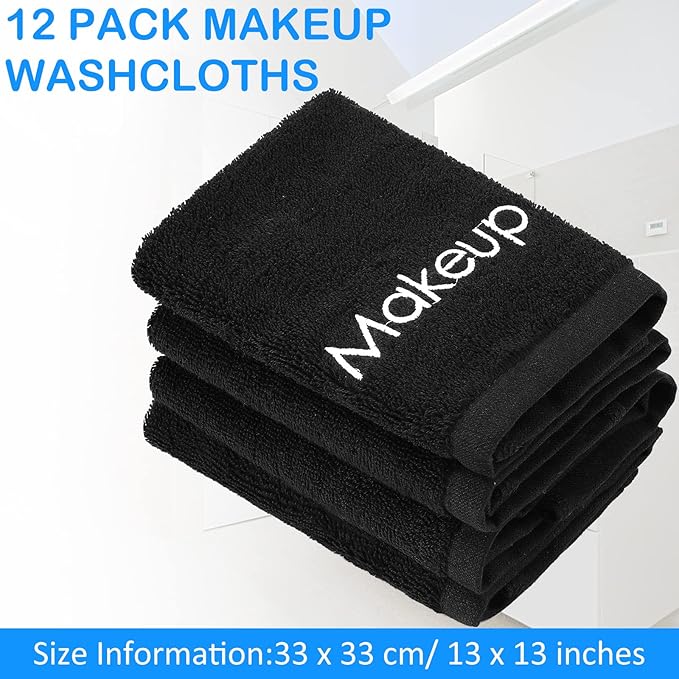 Panelee 13 Inch Makeup Washcloths Black Makeup Towels Cotton Face Wash Cloths Bulk Facial Remover Cleansing Towels Soft Cosmetic Water Absorbent for Women Hand Skin Care(12 Pcs)