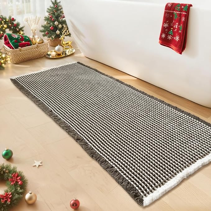 Waffle Runner Bath Mat - Long Boho Bathroom Rugs Non Slip Washable, Super Absorbent & Quick Dry, Soft Bath Mat Farmhouse Bathroom Decor, 24'' x 60'', Olive Green and White