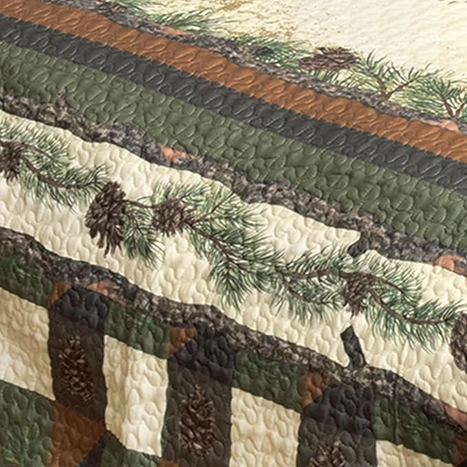 BLACK FOREST DECOR Woodland Pinecones Quilt Bed Set - King, Rustic Lodge Pinecone Quilt Bedding - 110" x 96"