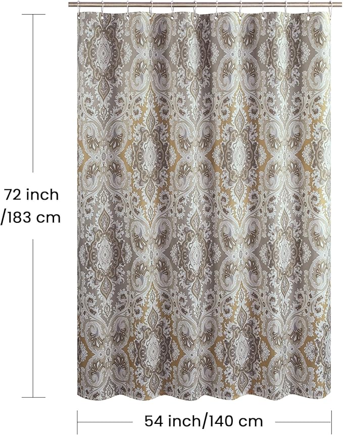 Stall Fabric Shower Curtain, Beige and Grey Printed Boho Paisley Damask Pattern Shower Curtains for Bathroom, Waterproof Bathroom Curtains, 54" W x 72" H