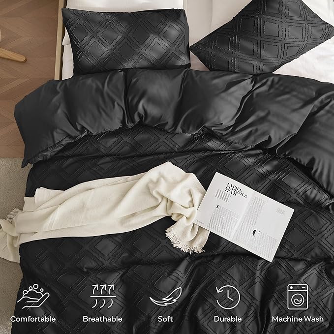 JELLYMONI Duvet Cover King Size Black - 3PCS Boho Duvet Cover Set Plaid Polyester Tufted Bohemian Jacquard Knit Textured Comforter Cover 104×90in Rhombic Geometric Pattern Zipper Corner Tie